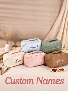 Bolsa de cosméticos de couro bordada, bolsa de maquilhagem de grande capacidade, bolsa de arrumação de cosméticos, kit de higiene pessoal personalizado, organizador de maquilhagem, presente para dama de honra - Multicolorido - Ver 2