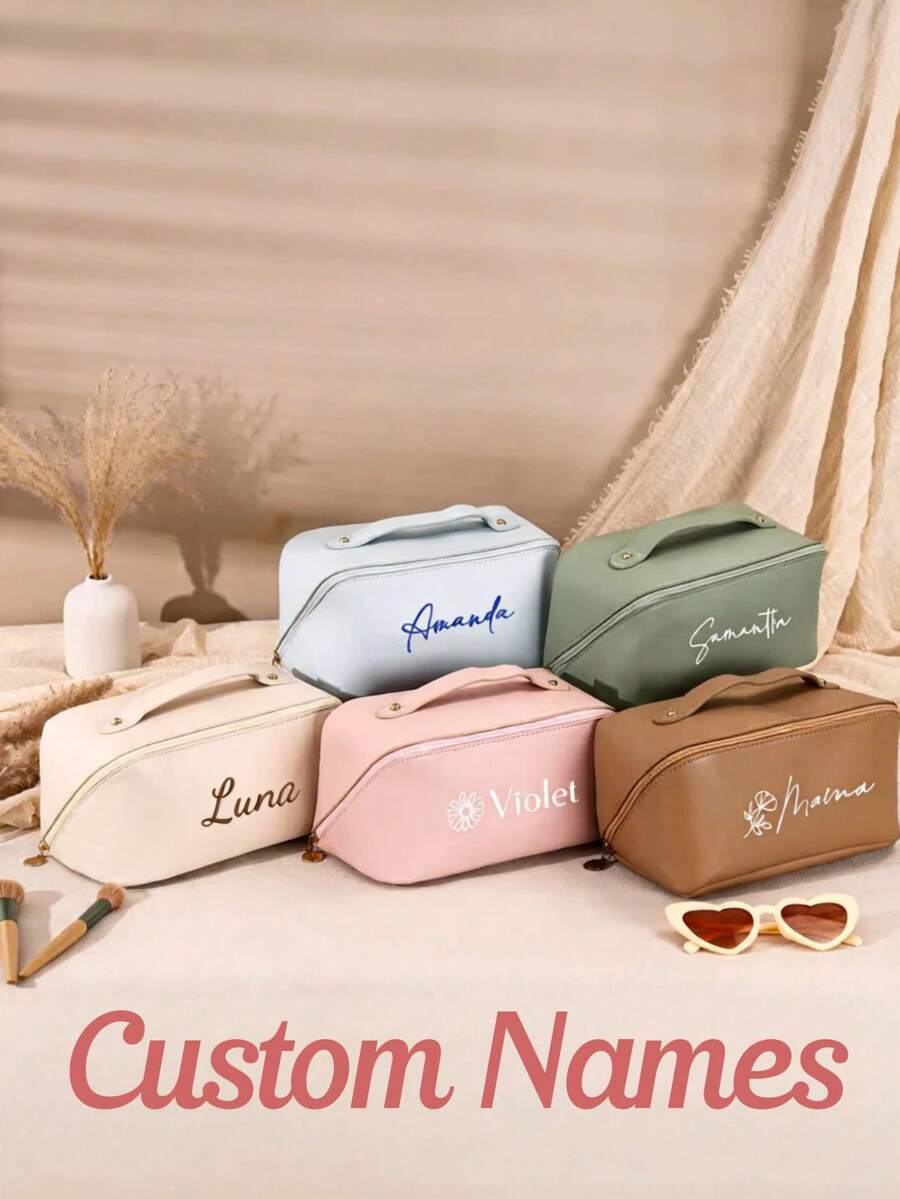 Bolsa de cosméticos de couro bordada, bolsa de maquilhagem de grande capacidade, bolsa de arrumação de cosméticos, kit de higiene pessoal personalizado, organizador de maquilhagem, presente para dama de honra