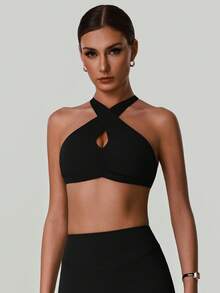 Áo ngực yoga nữ dây chéo cổ yếm, thiết kế khoét hình giọt nước, không lưng, chống sốc, nâng đỡ, thích hợp cho tập luyện thể dục, chạy bộ và tập thể thao. - màu đen - Xem 5