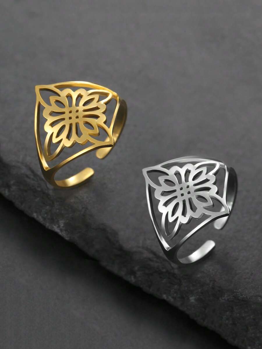 1pc Minimalist Stainless Steel Flower Witch Knot Adjustable Ring, Fashion Lucky Talisman Gift For Friends - Simple Series - View 1