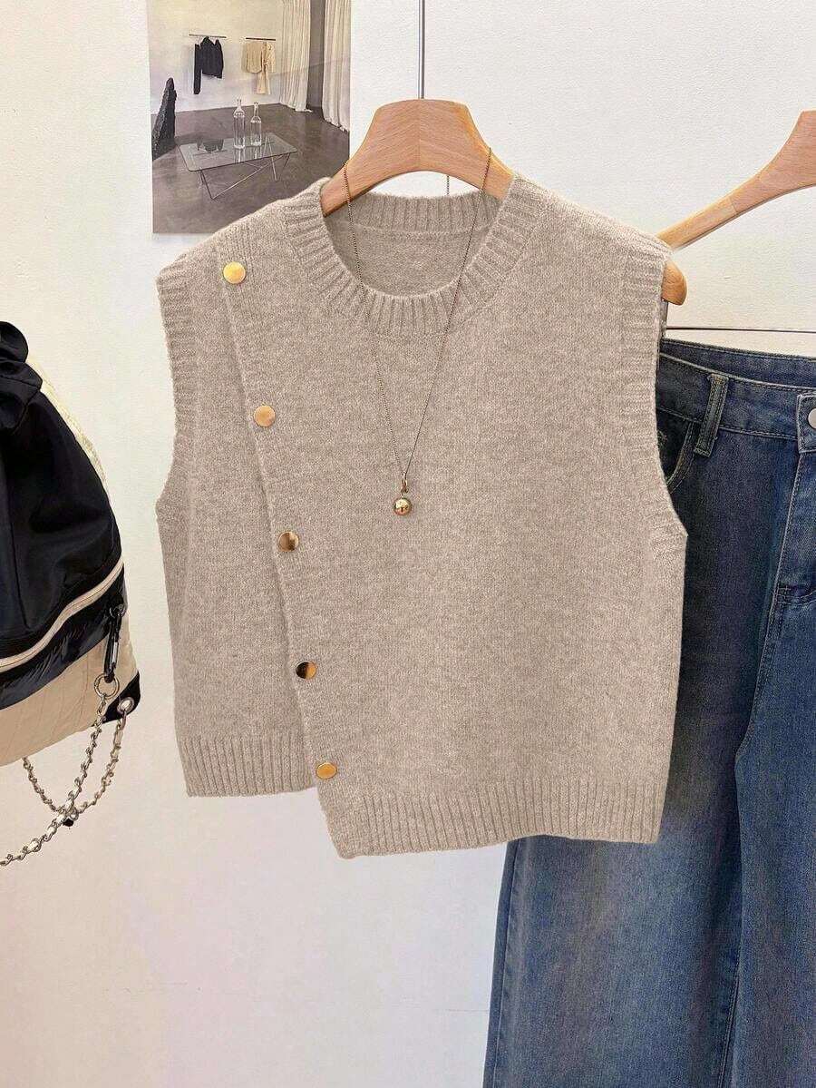 1pc Solid Color Short Round Neck Asymmetrical Button Accessory Design Fashion Sleeveless Sweater Vest, Versatile Knit Waistcoat Summer - 黑色 - 查看 1