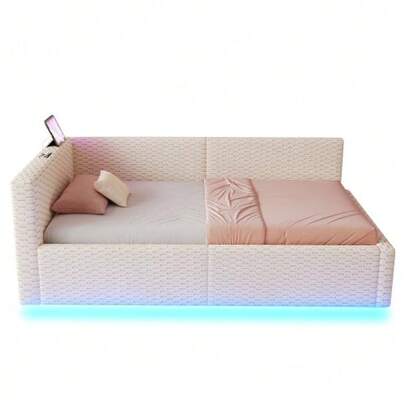 Upholstered Bed 90 X 200 Cm, With LED Lighting, Tape-C Socket And Two USB Ports, Flexible L-Shaped Backrest, Velvet Fabric, Hydraulic Slatted Base, Beige (Mattress Not Included)