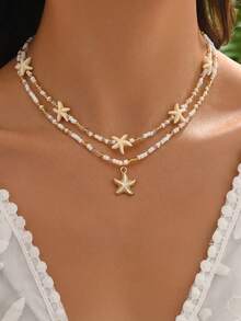 Bộ 2 vòng cổ hạt cườm hình sao biển phong cách đại dương Bohemian, phụ kiện hàng ngày và ngày lễ dành cho nữ. - trắng - Xem 1