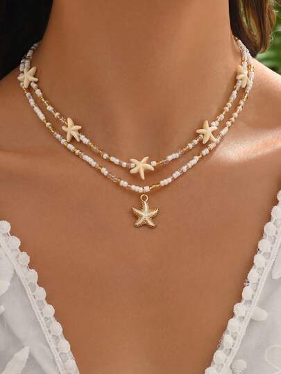Set de 2 collares con cuentas con diseño de estrella de mar estilo bohemio y de playa, accesorios diarios y de vacaciones para mujeres