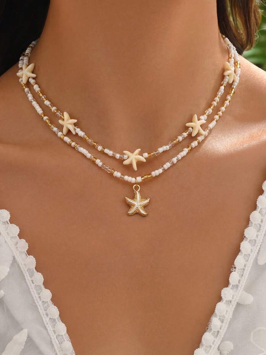 Bộ 2 vòng cổ hạt cườm hình sao biển phong cách đại dương Bohemian, phụ kiện hàng ngày và ngày lễ dành cho nữ. - trắng - Xem 1