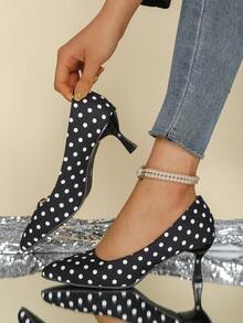 1 Pair Women's French Luxury Polka Dot Pointed Toe Stiletto Heels; White Polka Dot Print Design, Low-Cut To Elongate Foot, Comfortable & Versatile, Suitable For Spring/Summer Commute And Dating - Black - View 2