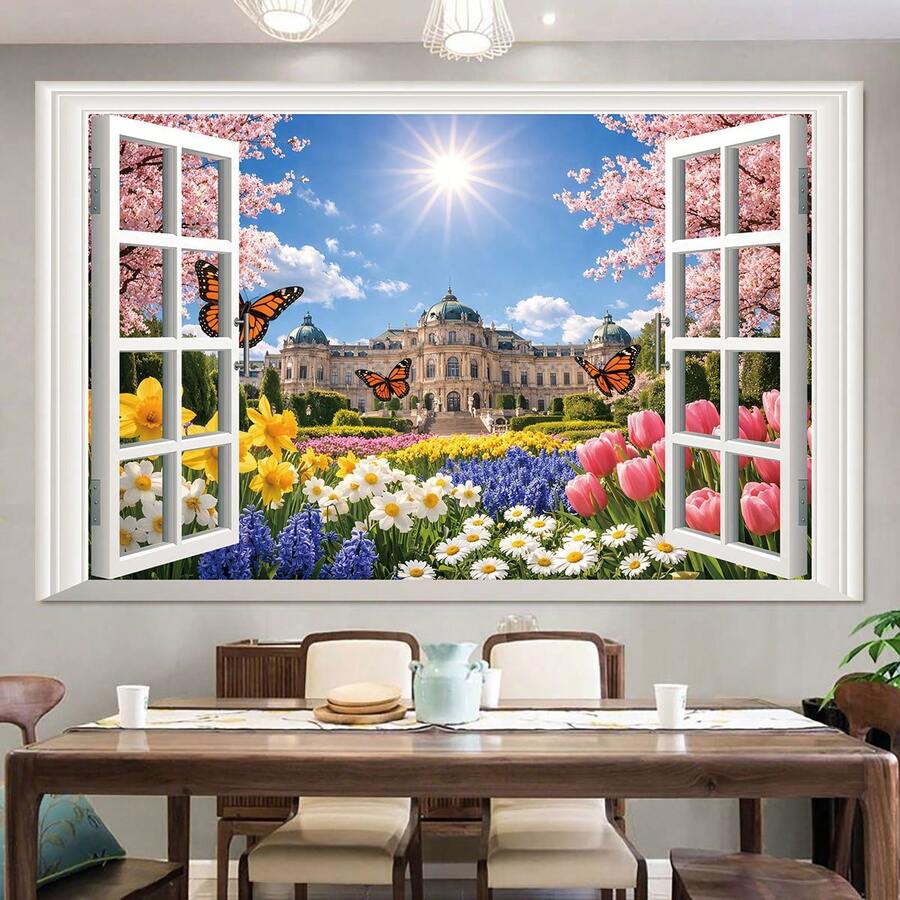 1 pieza Pegatina de pared de impresión digital de castillo de jardín de ventana 3D, decoración de cabecera, material de PVC, autoadhesiva y removible, decoración de dormitorio, regalo perfecto para amigos/familia, adecuado para fans de fútbol, tamaño grande/pequeño - 0663+FZQT - Ver 1