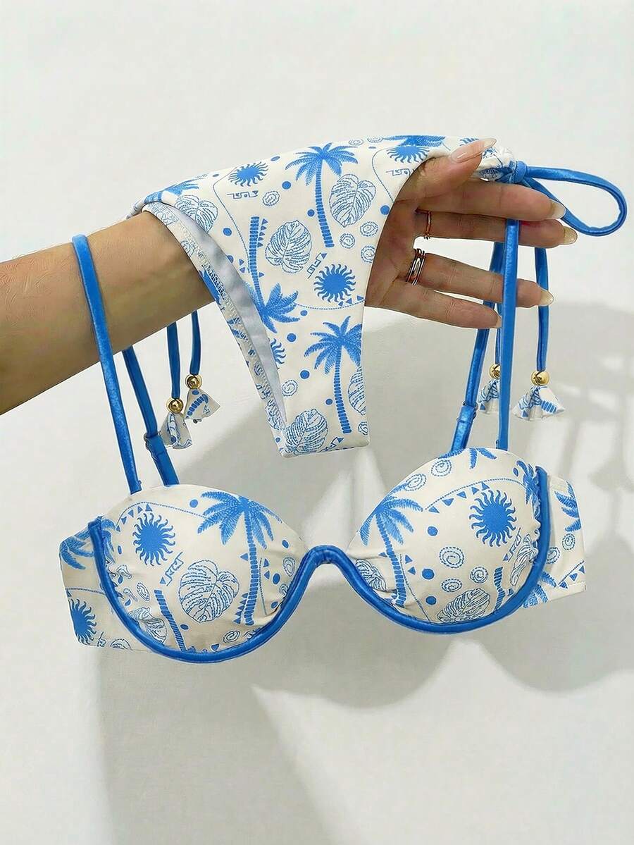 Women's Tropical Print Bikini Set, Vacation Beach - Multicolor - View 1
