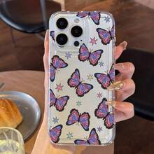 千禧宝贝风！紫色和粉色渐变蝴蝶星星图案艺术设计，防震精准开孔透明全包保护壳，兼容 11-17 Pro Max系列，情人节送给朋友、家人、女友的理想礼物，创意图案手机壳 - 彩色 - 查看 3