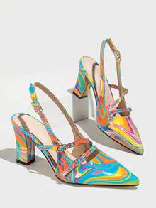 Sandalias de tacón grueso con punta puntiaguda y tira trasera de colores para mujer, versátiles y adecuadas para banquetes y fiestas con tacones altos - Azul multicolor - Ver 6