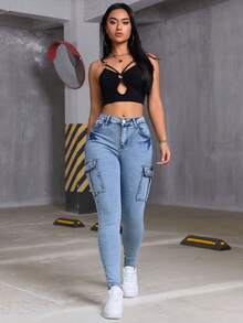 Skinny Cargo Jeans, Blue Wash, Stretchy, With Multiple Pockets, Butt-Lifting Effect, Fitted Cuffs - Light Wash - View 5