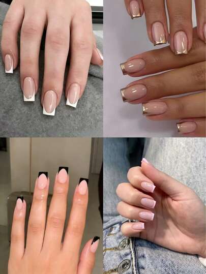 96pcs (4 Assorted Square Press-On Nail Strips, French Design Glossy Finish, Press-On Nail Stickers, Minimalist & Fashionable Style - Durable & Reusable False Nails, Suitable For Women & Girls For Daily & Party Use)