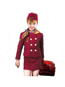 Conjunto de disfraz de azafata infantil, incluye gorra de azafata, vestido de carrera para niñas, atuendo de juego de roles, adecuado para Halloween - Burdeos - Ver 4