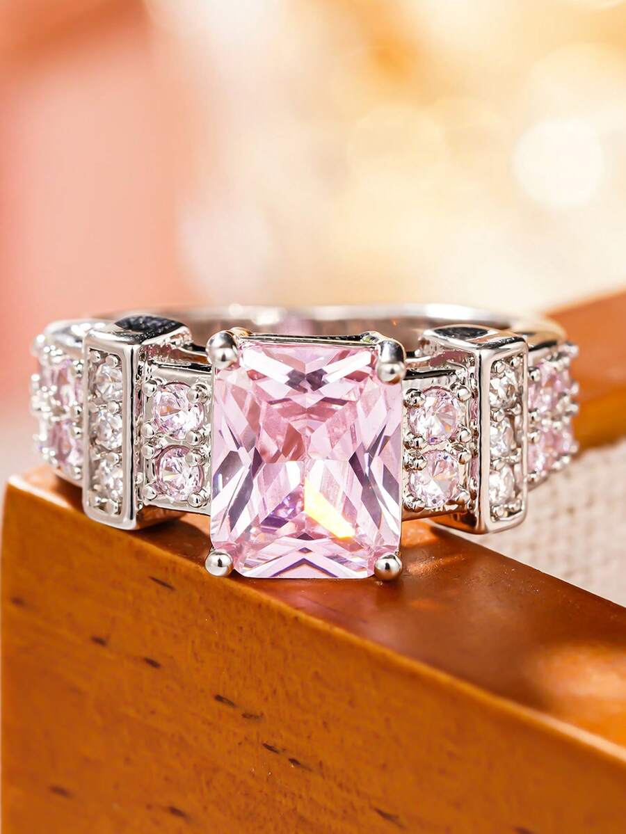 1pc Women's Cubic Zirconia Ring, Suitable For Wedding, Engagement, Party Wear, Valentine's Day Gift - Pink - View 1