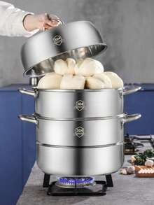 Nồi hấp 3 tầng bằng thép không gỉ - Dung tích lớn, chất liệu SUS 304, bề mặt được đánh bóng, lý tưởng để hấp bánh bao, há cảo và hải sản, bao gồm nắp và tay cầm, dụng cụ nhà bếp thiết yếu. - Xem 7