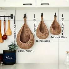 Bohemian Handmade Woven Hanging Basket Set, Rustic Art Style, Thick Material, Strong Load-Bearing Capacity, Multi-Functional Wall-Mounted Design, Can Be Used As Mesh Storage Basket, Fruit And Vegetable Storage Basket, Suitable For Kitchen Storage, Room Decoration, Living Room Storage, Wall Decoration - Multicolor - View 5