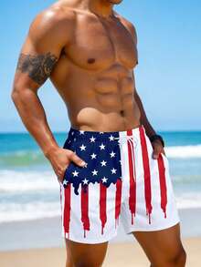 男士美国国旗印花速干泳裤，爱国风滴落设计，配有抽绳腰带和侧袋，适合夏季海滩和游泳度假 - 白色 - 查看 5