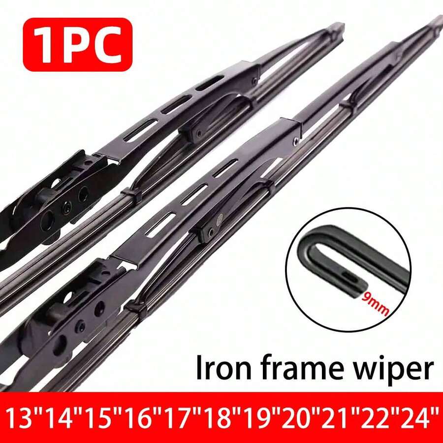 1 cái cần gạt nước khung sắt 9mm móc chữ U đa năng 13"14"16"17"18"19"20"21"22"24" Độ nét cao, hoạt động êm ái, cần gạt nước khung sắt cho ô tô, phụ tùng ô tô - A - Xem 1