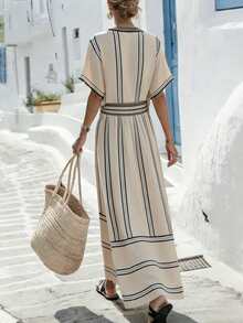 Vestido feminino novo estilo boémio às riscas elegante de verão - Caqui - Ver 2