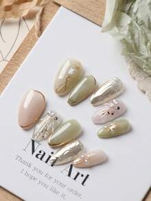 10pcs Green Cat Eye & Pink Ombre Round Artificial Nails, Short Length For Office & Daily Wear, Includes 1 Glue Sticker And 1 Mini Nail File Handmade Press On Nails - Multicolor - View 2