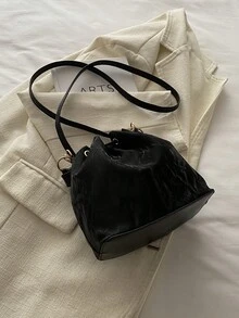 女士抽绳迷你水桶包，绗缝休闲户外单肩包 - 黑色 - 查看 9