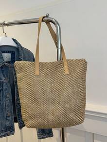 Túi tote bằng rơm dung tích lớn dành cho nữ, túi xách đeo vai mùa hè mới, túi đi biển dệt. - Màu Khaki - Xem 7