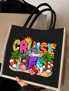 Cruise Theme Linen Canvas Tote Bag And Storage Bag Set, Printed With "Cruise Life" Patterns Of Coconut Tree, Seashell, Dolphin, Starfish, Tote Bag And Cosmetic Bag, Foldable Lightweight Storage Bag, Beach Essential, Large Capacity Linen Shopping Bag, Suitable For Women In Summer - MultiWarna - View 4