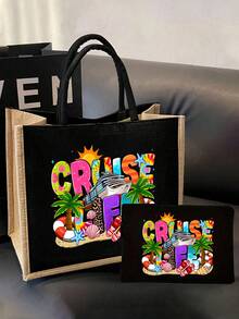 Cruise Theme Linen Canvas Tote Bag And Storage Bag Set, Printed With "Cruise Life" Patterns Of Coconut Tree, Seashell, Dolphin, Starfish, Tote Bag And Cosmetic Bag, Foldable Lightweight Storage Bag, Beach Essential, Large Capacity Linen Shopping Bag, Suitable For Women In Summer - MultiWarna - View 7