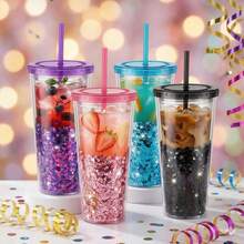 4 Pack 24oz Acrylic Cups Double Wall Acrylic Tumbler With Stopper Plastic Snow Globe Drinking Cup, Colorful Lid - 無色 - 查看 5