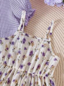 女童甜美碎花吊带连衣裙套装，紫色镂空开衫，儿童度假风连衣裙 - 紫色 - 查看 6