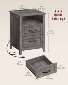 Farmhouse Nightstand With Charging Station, Bedside Table, Side Table With 2 Drawers, Open Compartment, For Bedroom - View 6