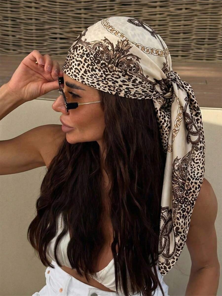 1pc Women's Fashion 90cm Square Scarf, Printed Bandana, Satin Leopard Print Headscarf, Suitable For Daily Wear, Beach Vacation, Party & Festival,Holiday - Brown - View 1
