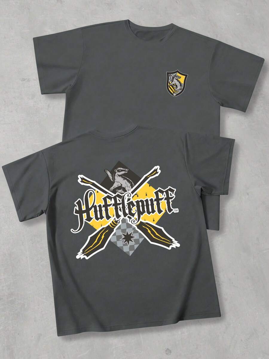 Strevion OBM Men X Harry Potter Áo thun nam cổ tròn tay ngắn in logo Hufflepuff phong cách tối giản Harry Potter, thích hợp cho mùa hè. - Màu xám đen - Xem 1