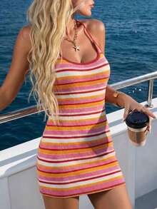 Mejors 女士休闲性感可爱多色条纹无袖针织修身连衣裙，低胸修身条纹连衣裙，适合春夏外出、Y2K街头风、派对、夜店、通勤、约会、波西米亚风度假、日常穿着、音乐节、乡村音乐会，粉色 - 粉色 - 查看 3