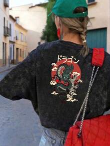 Comfortable Acid Wash T-Shirt For Teenage Girls, Regular Fit Street Style With Japanese Dragon And Chinese Character Prints, Soft Vintage Wash Texture Casual Black Summer - Black - View 4