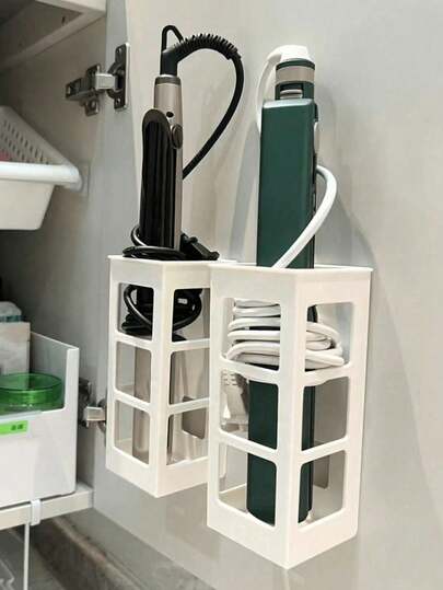 1pc No-Drill Wall Mounted Hair Tool Organizer - Adjustable Height Storage Rack For Hair Dryer, Curling Iron & Straighteners, Bathroom/Cabinet Door Multifunctional Storage Rack With Heat-Resistant Design