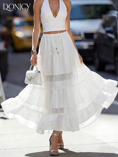 DONICY 高腰白色蕾丝拼接多层长裙，适合春夏穿着，优雅百搭，是约会、咖啡馆和休闲场合的理想之选。也适合情人节、狂欢节等节日穿着。