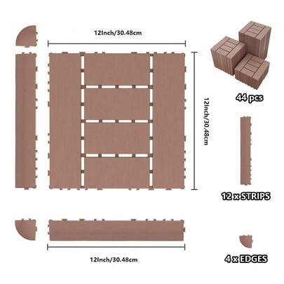 60-Piece Interlocking Courtyard Deck Tiles Set | 44 Main Tiles, 12 Edge Tiles, 4 Corner Tiles | 12-Inch Weather-Resistant Plastic Outdoor Flooring | Suitable For Garden, Balcony, Poolside  (Gloves Included)