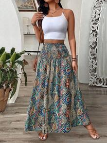 Vintage Beach Skirt, Bohemian Printed Elastic Waist Skirt Vacation Summer - Multicolor - View 1