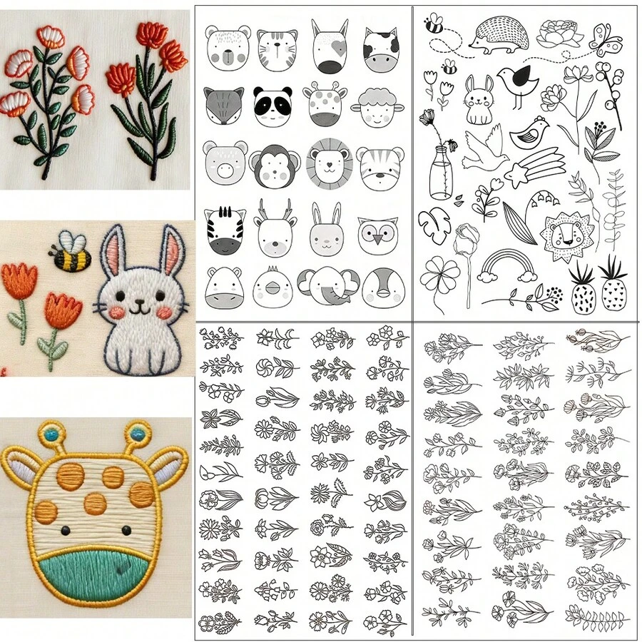 水溶性刺绣稳定剂，预印树叶和动物图案，手工缝纫刺绣稳定剂，适用于DIY缝纫、编织、手工艺项目，初学者刺绣图案模板