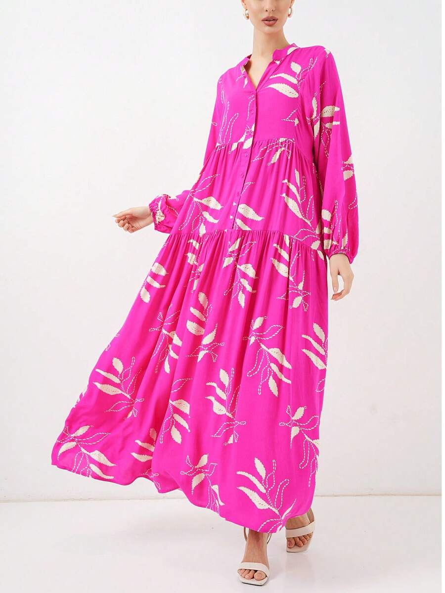 女士波西米亚风粉色碎花纽扣长袖A字连衣裙 - 玫紅色 - 查看 1