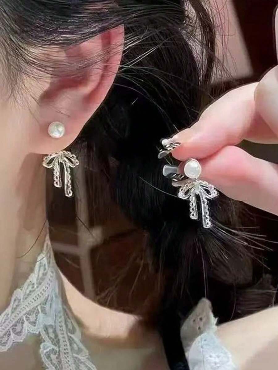 银色蕾丝蝴蝶结珍珠耳坠,优雅精致少女风日常佩戴饰品 - 珍珠蝴蝶結 - 查看 1