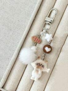 1pc Unisex New Korean Cute Eating Fish Cat Keychain, Cartoon Fish Star Fuzzy Ball Beaded Phone Strap, Backpack Car Key Chain, Party Birthday Holiday Gift - Multicolor - View 7