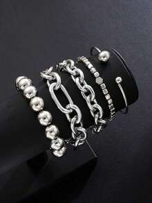 5pcs Vintage Exaggerated Minimalist Old Coin Design Layered Chunky Chain & Bead Bracelet Set, Suitable For Date, Vacation, Daily Wear, Party, Holiday Gift For Women - 銀色 - 查看 2