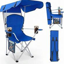 Folding Camping Chair With Canopy Portable Foldable Beach Chair W/ Sun Shade -- Blue - As Pic - View 1