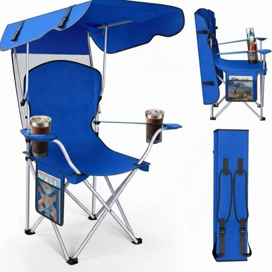Folding Camping Chair With Canopy Portable Foldable Beach Chair W/ Sun Shade -- Blue - As Pic - View 1