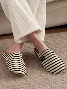 Pantufas listradas unissex, leves, silenciosas e com sola macia, bordado de urso, estilo retrô para ambientes internos, adequadas para todas as estações, pantufas casuais confortáveis e respiráveis. - Azul marinho - Ver 6
