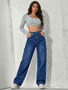 Wide-Leg Denim Pants With A Flattering High Waist And Functional Cargo-Style Side Pockets - Dark Blue H2KB20 - View 2