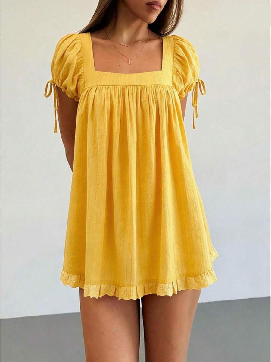 Womens Square Neck Blouse Short Sleeve Babydoll Ruffle Tops Dress Oversized Cute Peplum Casual Top Y2K Lace Trim Ruffle Flowy Dresses - Nghệ - Xem 1