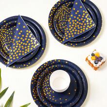 海军蓝金半圆点一次性餐具套装，7/9英寸派对餐盘，一次性纸盘、纸杯、餐巾纸，适用于节日、婚礼、订婚、生日、派对、庆典等场合。 - 多色 - 查看 3
